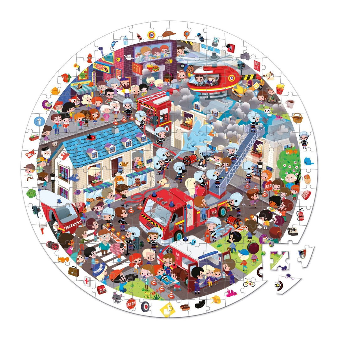 Janod Puzzle Suitcase -Observation Puzzle (Round) - Firemen 208 pieces