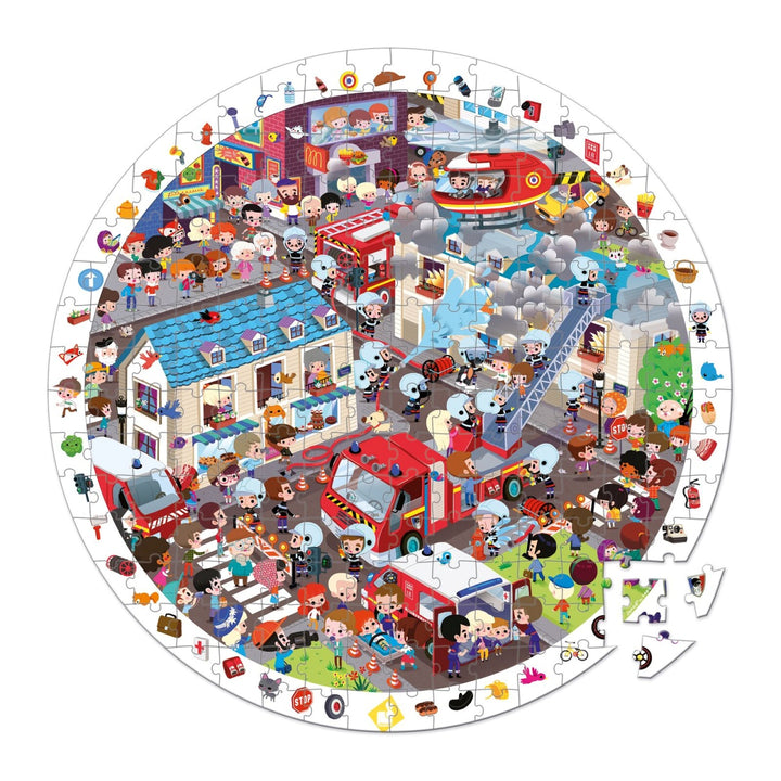 Janod Puzzle Suitcase -Observation Puzzle (Round) - Firemen 208 pieces