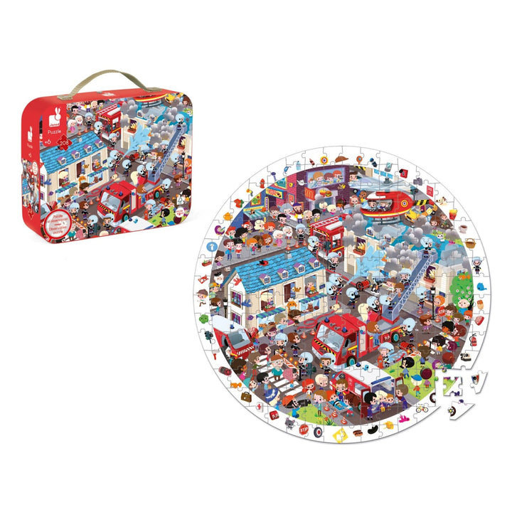 Janod Puzzle Suitcase -Observation Puzzle (Round) - Firemen 208 pieces