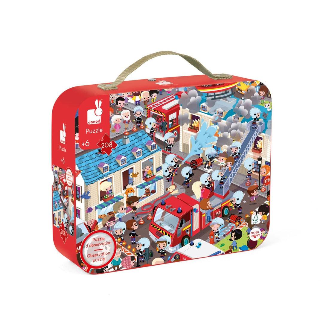 Janod Puzzle Suitcase -Observation Puzzle (Round) - Firemen 208 pieces