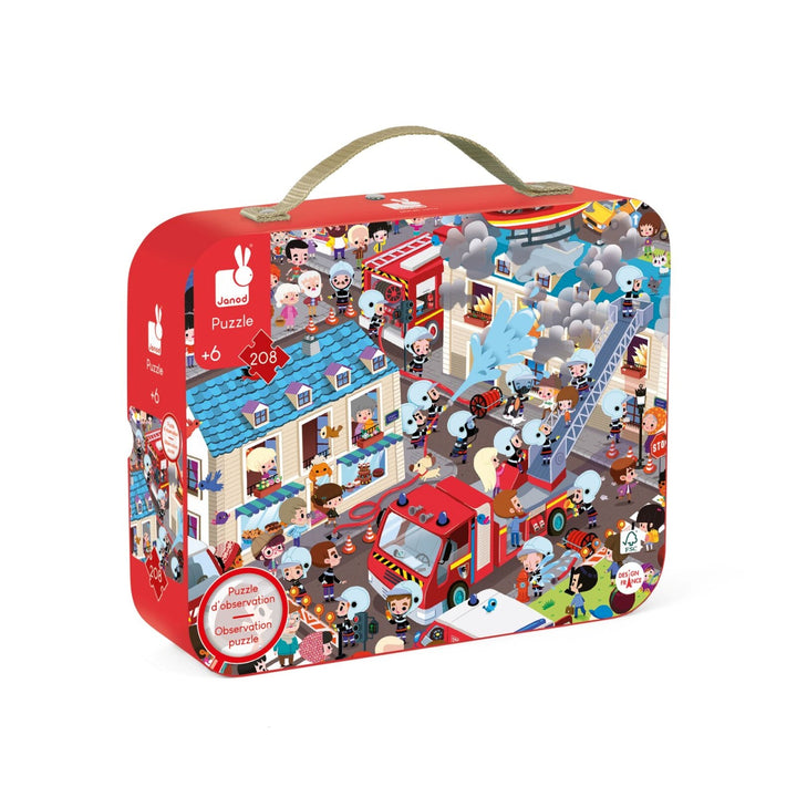 Janod Puzzle Suitcase -Observation Puzzle (Round) - Firemen 208 pieces