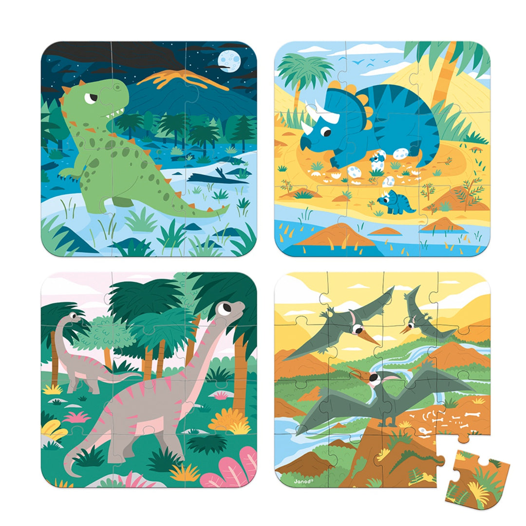Janod Puzzle Suitcase - 4x Progressive Difficulty - Dinosaurs (6,9,12 and 16 pieces)