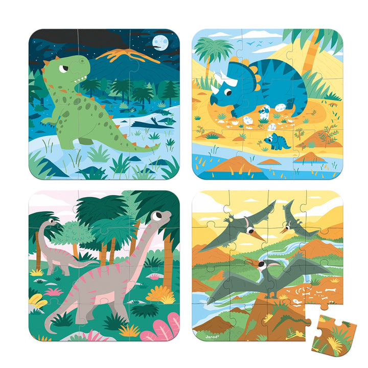 Janod Puzzle Suitcase - 4x Progressive Difficulty - Dinosaurs (6,9,12 and 16 pieces)
