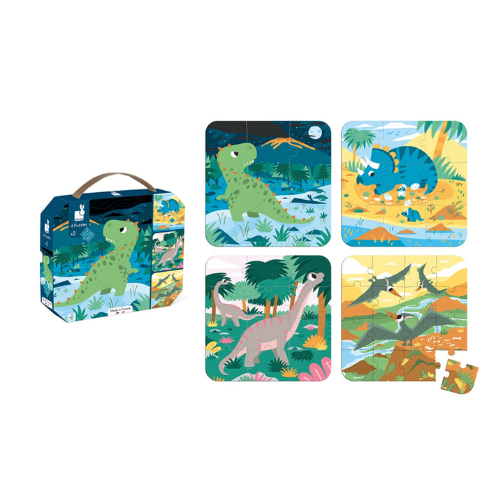 Janod Puzzle Suitcase - 4x Progressive Difficulty - Dinosaurs (6,9,12 and 16 pieces)