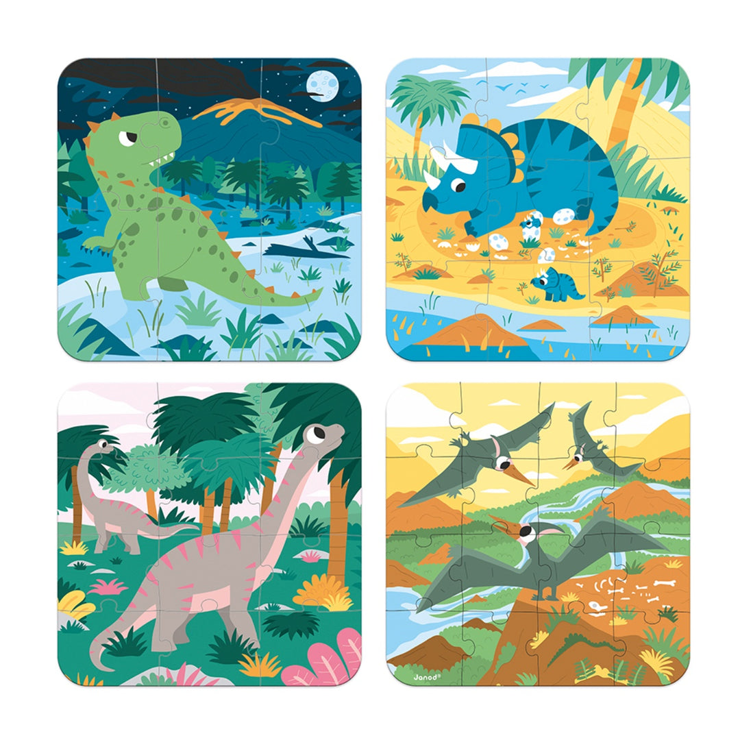 Janod Puzzle Suitcase - 4x Progressive Difficulty - Dinosaurs (6,9,12 and 16 pieces)