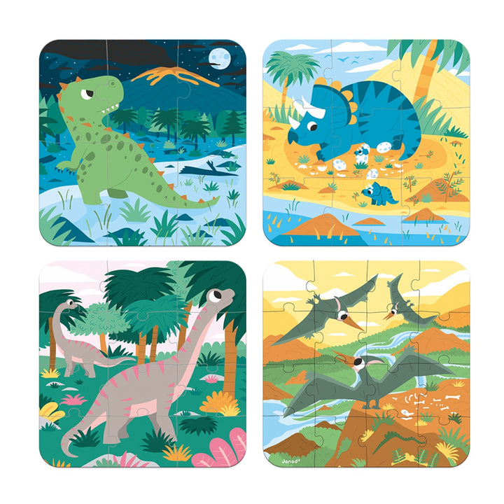 Janod Puzzle Suitcase - 4x Progressive Difficulty - Dinosaurs (6,9,12 and 16 pieces)