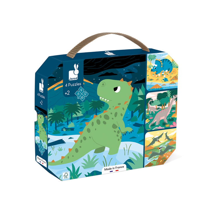 Janod Puzzle Suitcase - 4x Progressive Difficulty - Dinosaurs (6,9,12 and 16 pieces)