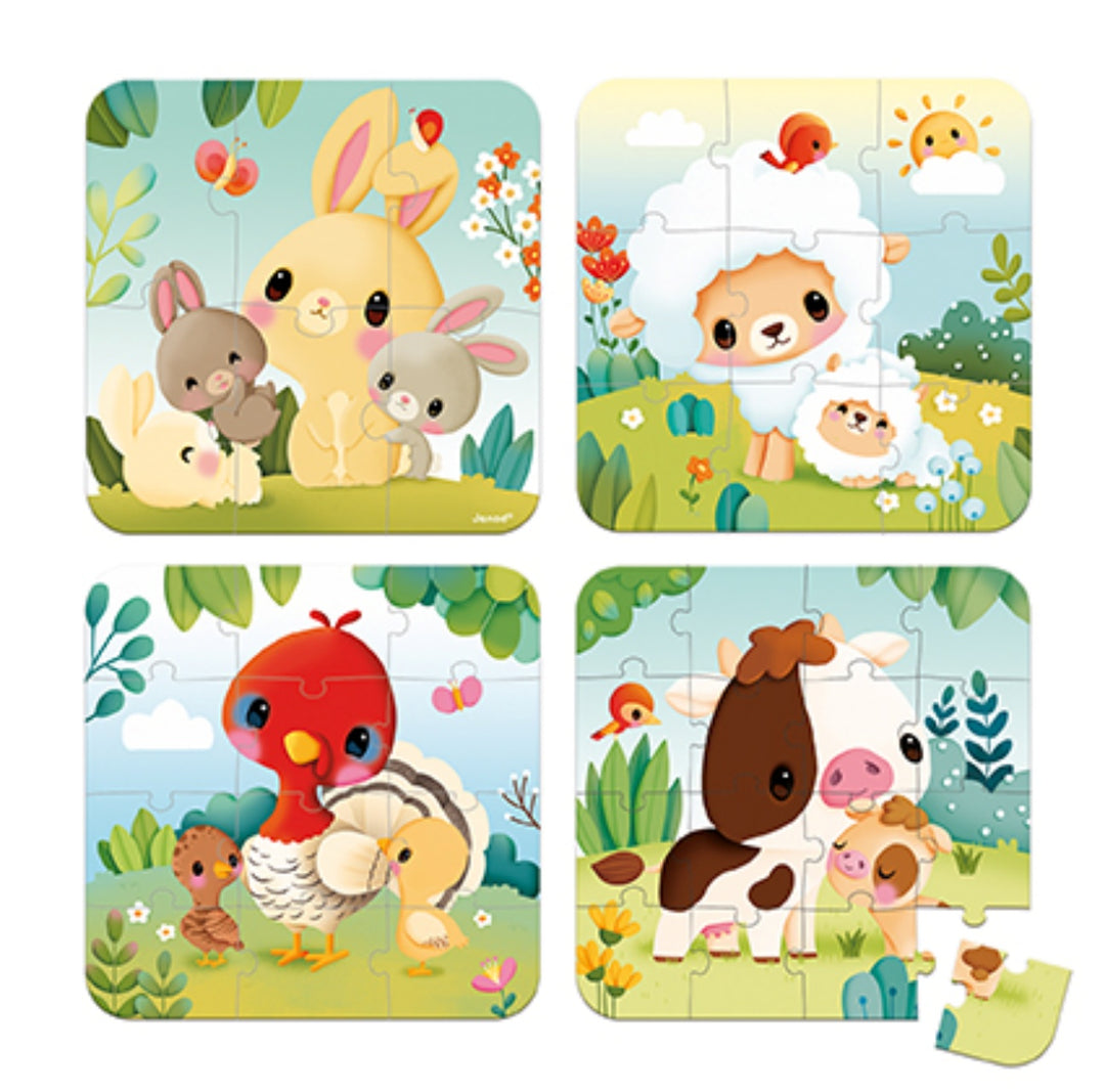 Janod Puzzle Suitcase - 4x Progressive Difficulty - Farm Animals (6,9,12 and 16 pieces)