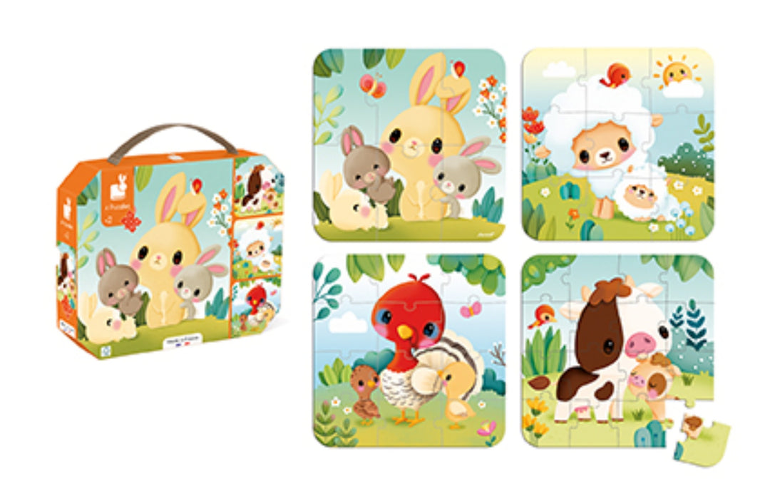 Janod Puzzle Suitcase - 4x Progressive Difficulty - Farm Animals (6,9,12 and 16 pieces)