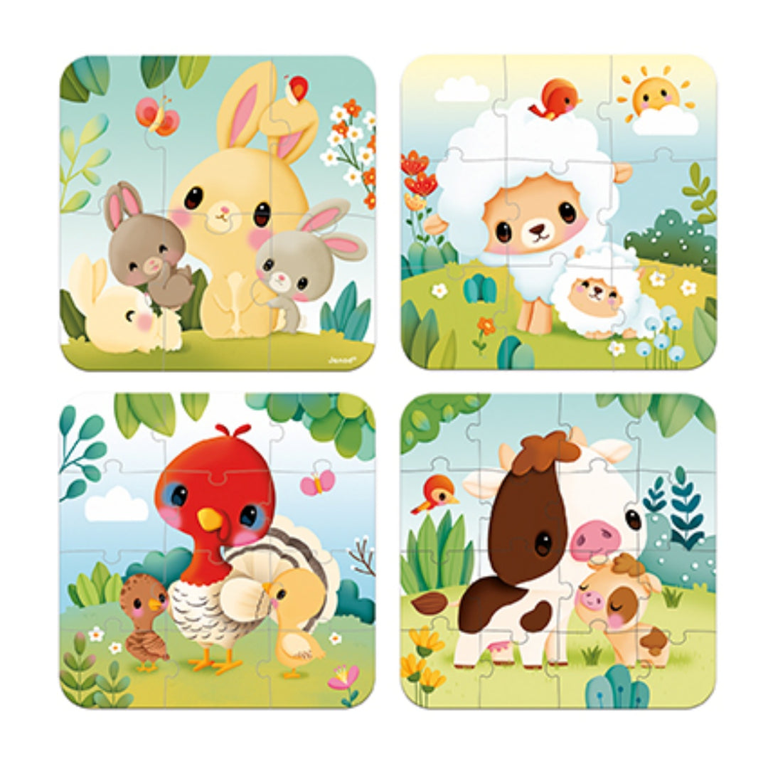 Janod Puzzle Suitcase - 4x Progressive Difficulty - Farm Animals (6,9,12 and 16 pieces)