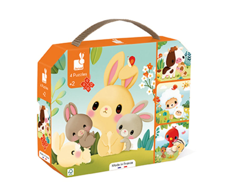 Janod Puzzle Suitcase - 4x Progressive Difficulty - Farm Animals (6,9,12 and 16 pieces)